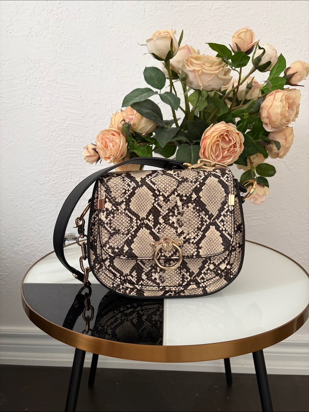 Poppy & Peonies Beige and Black Snake-Print with Gold Ring Detail